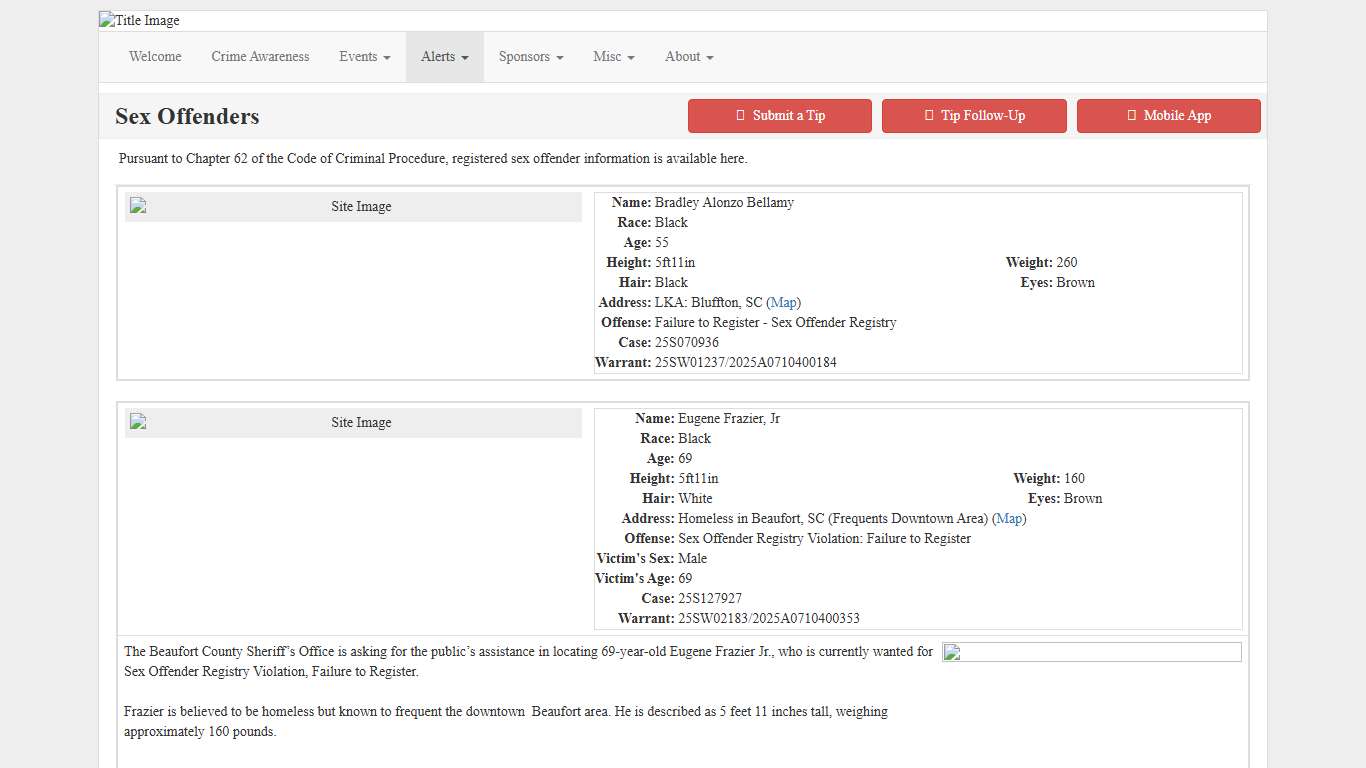 Sex Offenders - Crime Stoppers of Beaufort County (SC)